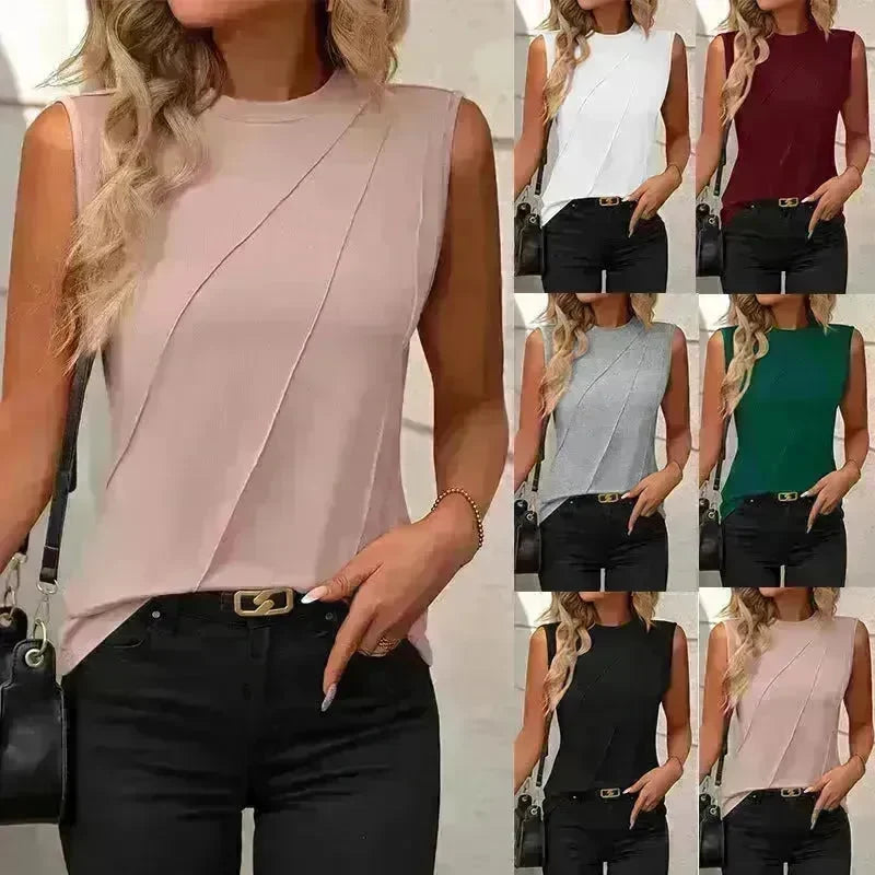 Summer Women's Solid Color Round Neck Sleeveless Loose Tops for Women suitable for Work business Events Ladies Evening Tops. - EX-STOCK CANADA