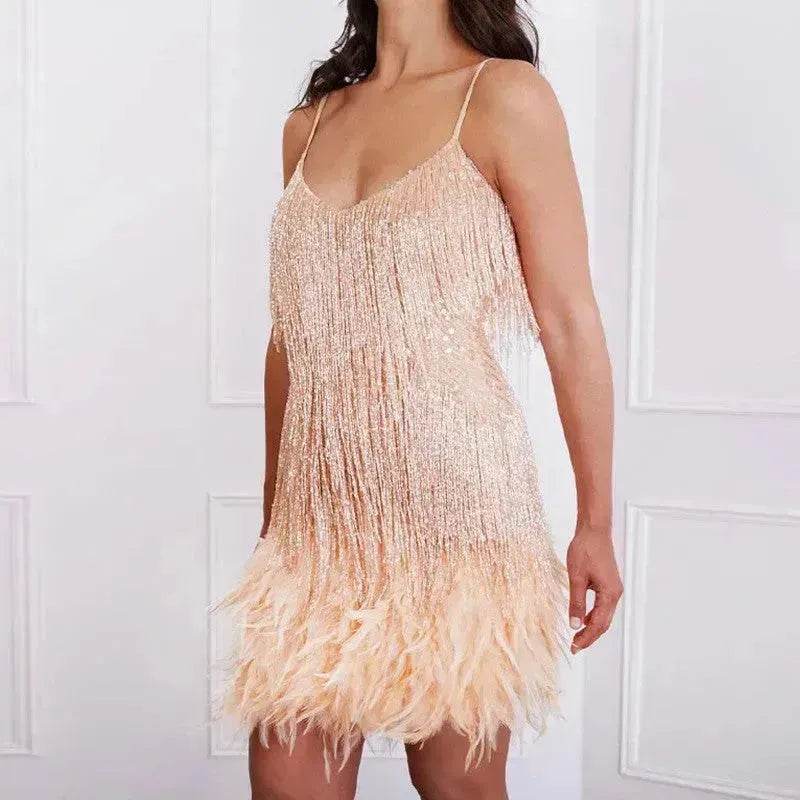 Elegant Chic Spaghetti Strap Luxury Tassel Sequins Feather Women’s Mini Dress for Evening Party, Cocktail Wedding Guest. - EX-STOCK Canada