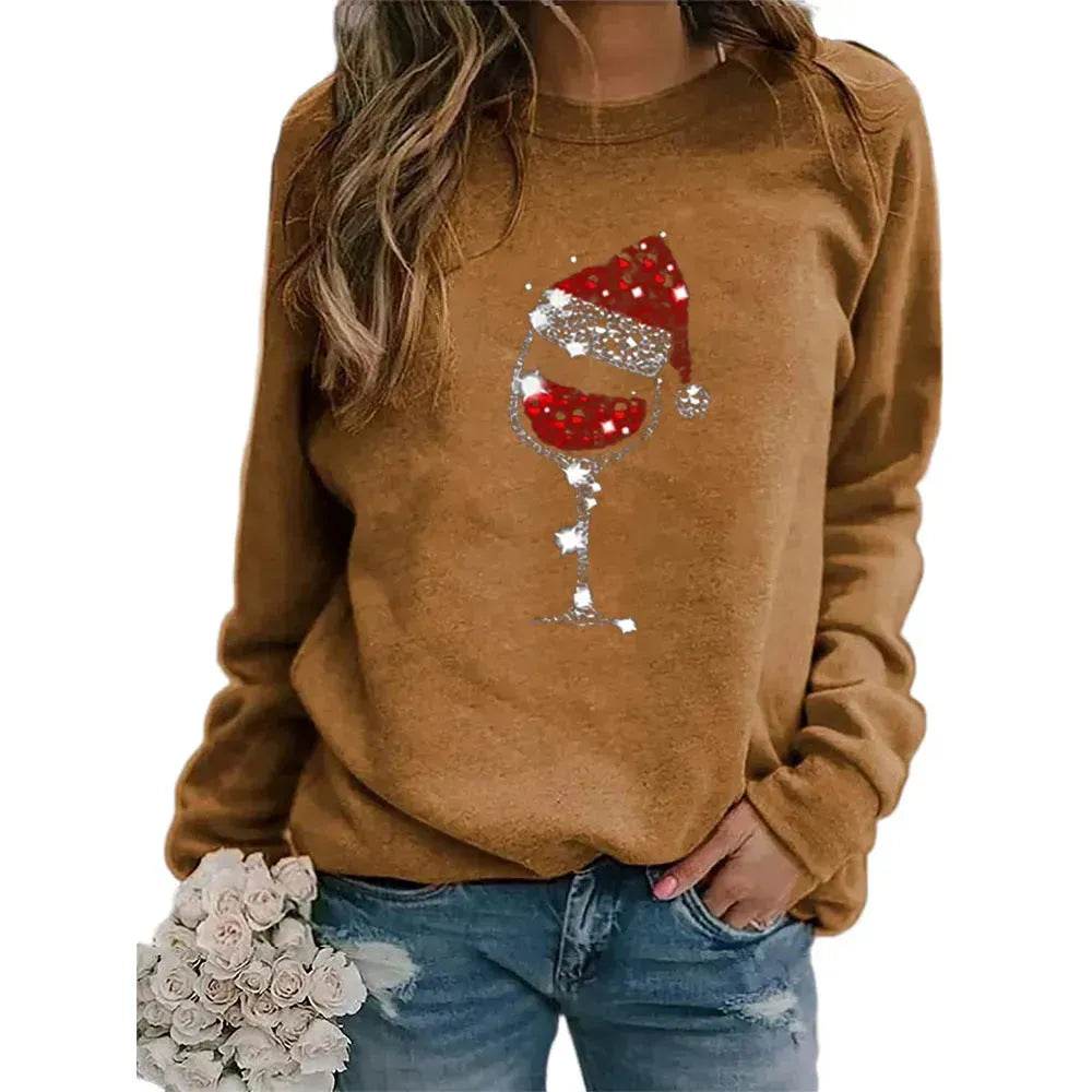 Clothing Christmas Women's Sweater Christmas Hat Red Wine Glass Graphic Print Crew Neck Long-sleeved Sweater - EX-STOCK Canada