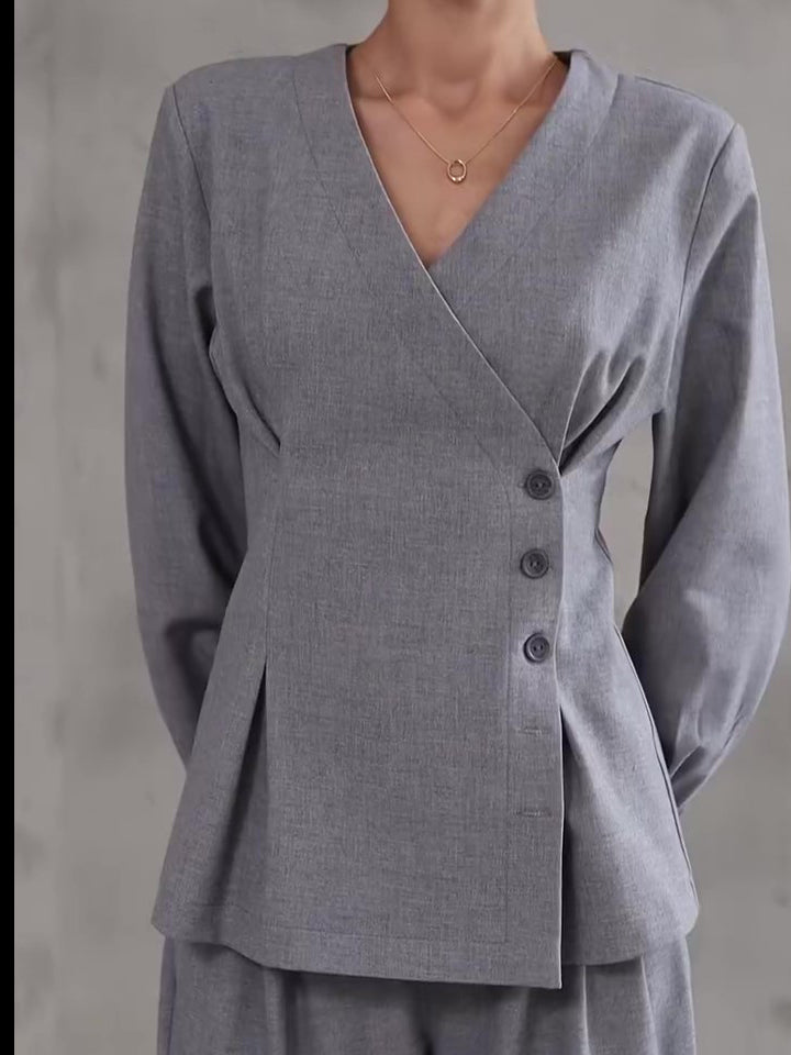 Gray asymmetrical button top and wide-leg pants set