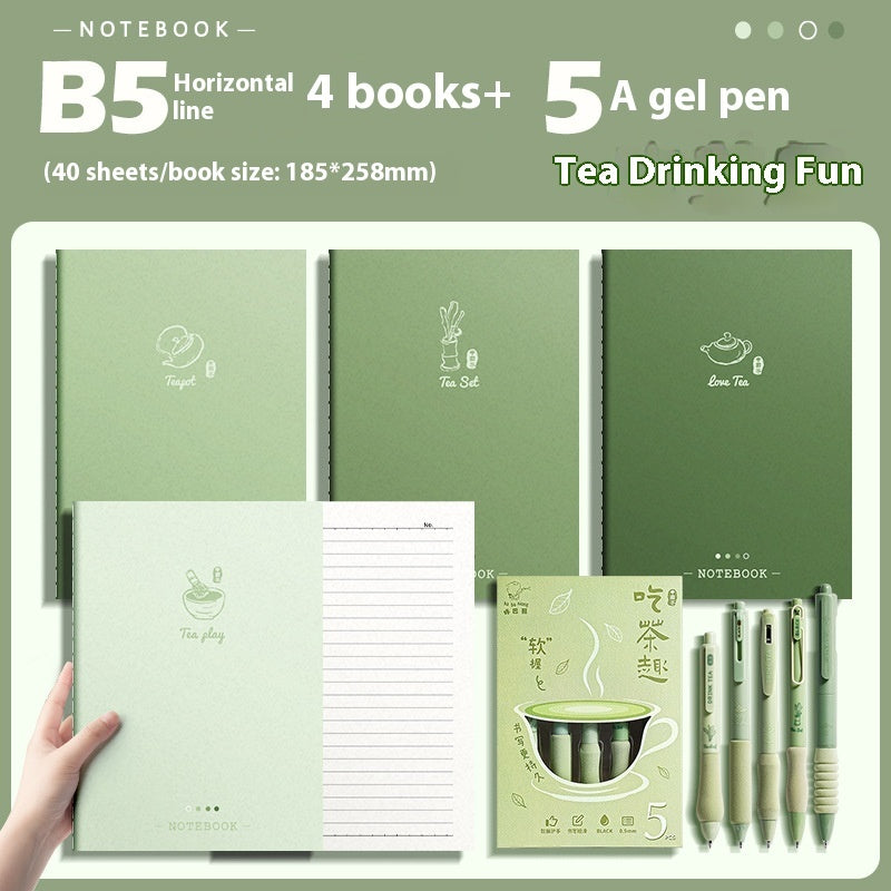 Set of green notebooks and gel pens with tea-themed design on a light green background.
