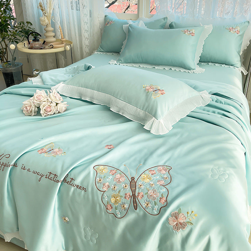 Korean Ice Silk Summer Quilt Four-piece Set Embroidery Lace Air Conditioning Cool Feeling Thin Duvet EX-STOCK Canada