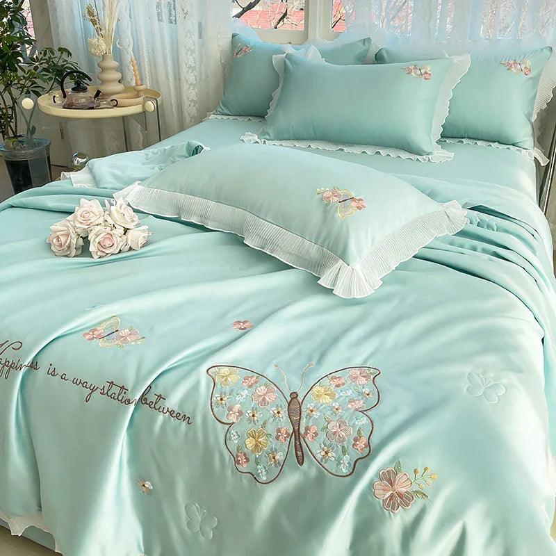 Korean Ice Silk Summer Quilt Four-piece Set Embroidery Lace Air Conditioning Cool Feeling Thin Duvet EX-STOCK Canada