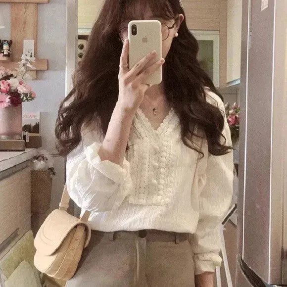 Unique Chic V-neck Long-sleeved Linen blouse top women - EX-STOCK CANADA
