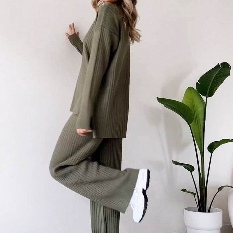 Casual 2pcs Co ord Winter Turtleneck Knitted Suit Loose Split Long-sleeved Top And Straight Trousers Fashion Casual Solid Set Women's Clothing - EX-STOCK Canada