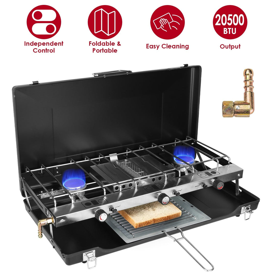 3 Burner Camping Stove 20000 BTU Portable Foldable Propane Stove With Toast Tray Windshield Portable Handle Outdoor Cooking Gas Stove For RV Camping BBQ Picnic EX-STOCK
