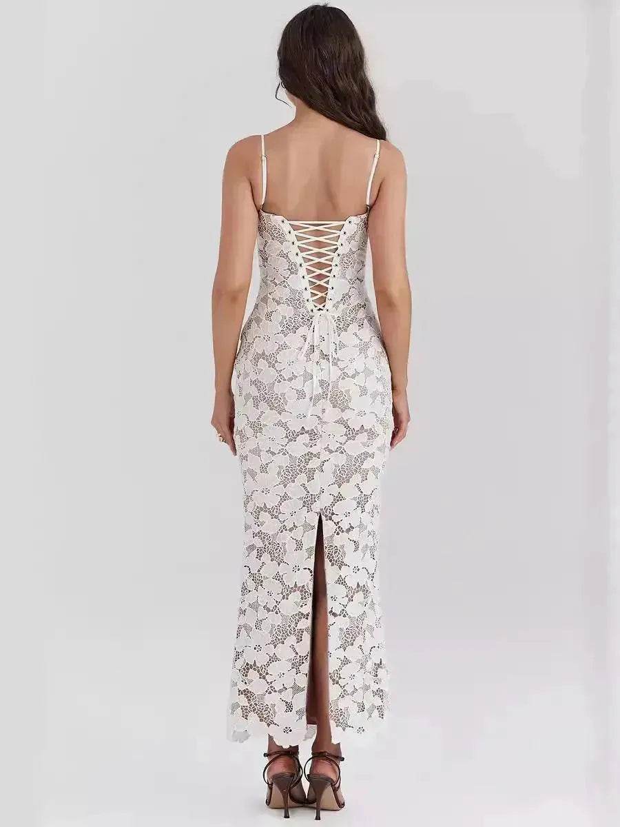 White Lace Wedding Dinner Party Cocktail Bodycon Spaghetti Strap Split Long Dress - EX-STOCK Canada