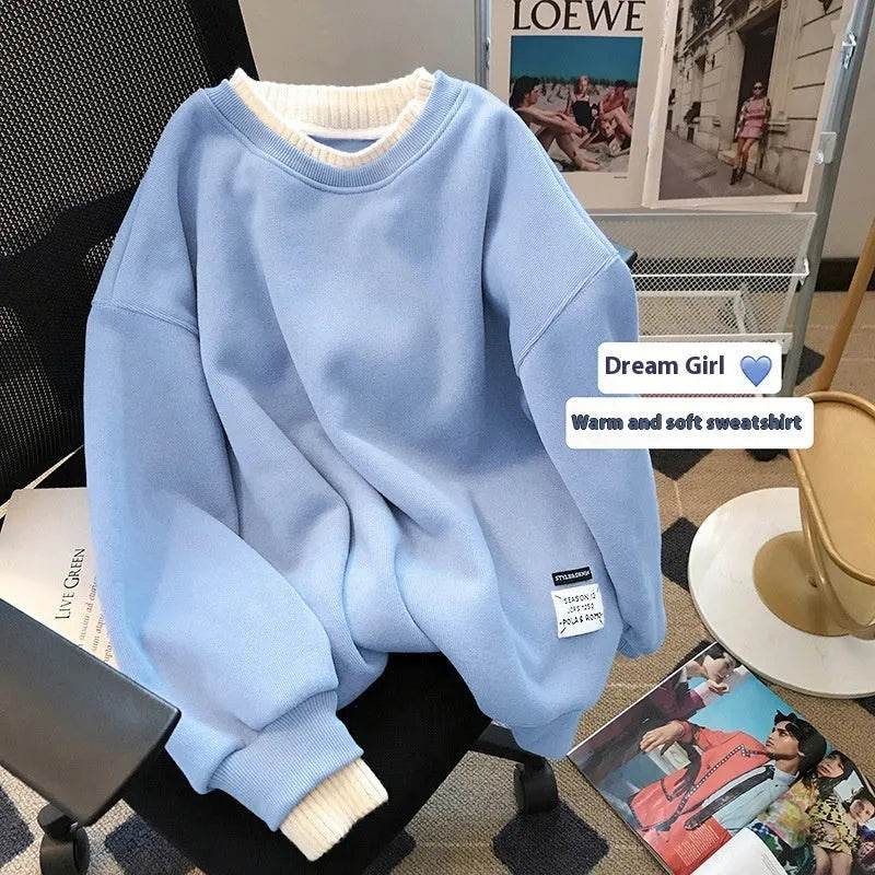 Women Round-neck With Fleece Lining Thick Fake Two Pieces Long Sleeve Loose Hoodie Sweatshirt - EX-STOCK Canada