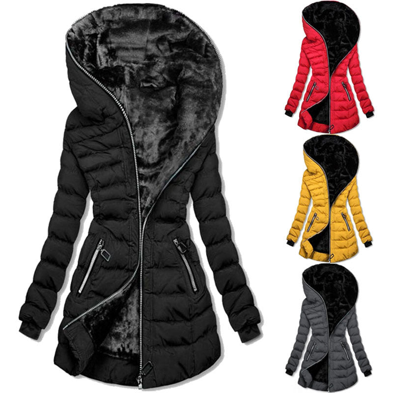 Hooded Warm Fleece Padded Jacket Mid-length Jacket Black Padded Jacket EX-STOCK