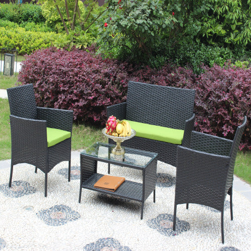 4-tlg. Rattan-Gartenmöbel-Set mit gepolstertem Sitz Outdoor-Sofa aus Korbgeflecht mit grünem KissenEX-STOCK Canada