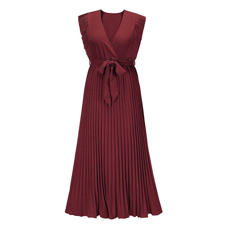 Maxi Dresses For Women - Elegant V Neck Ruffled Sleeves Empire Waist Pleated Flowy Dress - EX-STOCK Canada