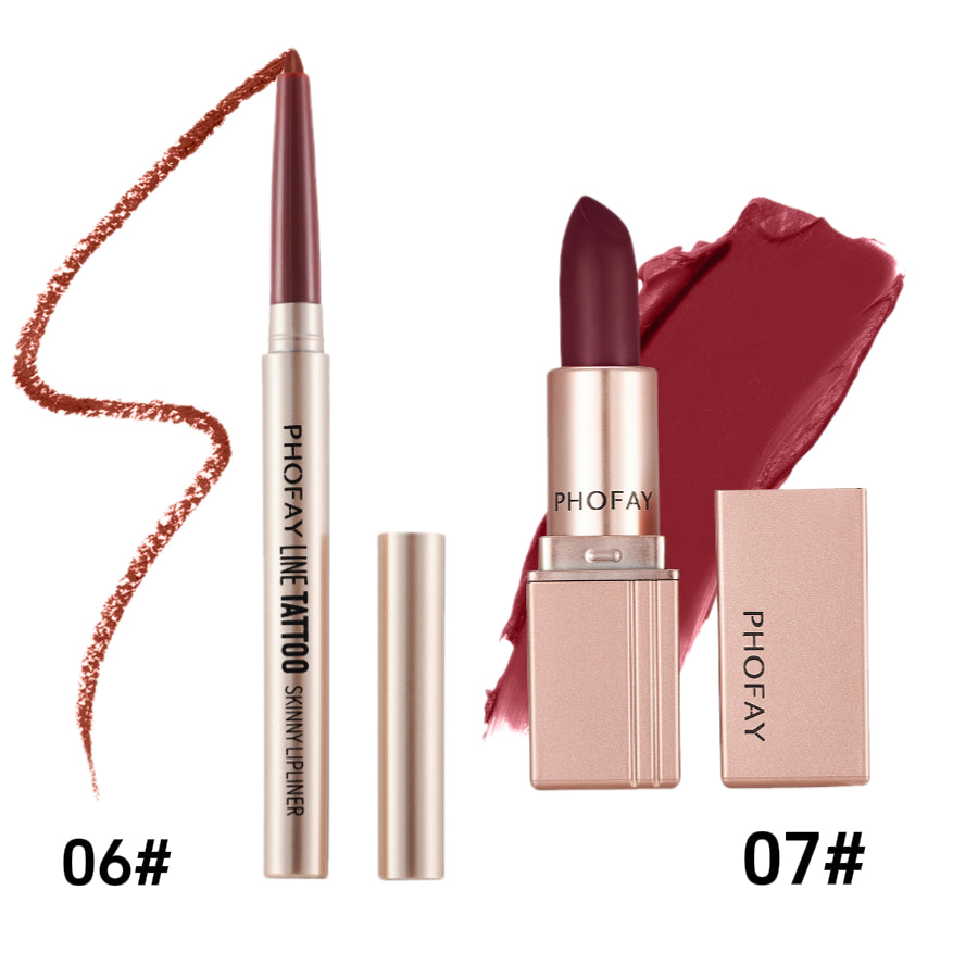 PHOFAY lip products including a lip liner, lipstick, and case on a white background.