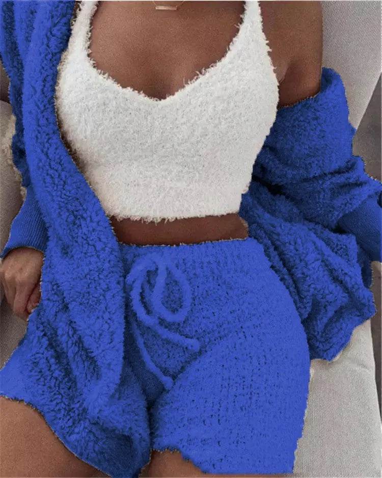 Winter Sexy Women Home Wear Suit Casual Pajamas Set Lady Female Soft Warm Long Sleeve Exposed Navel Vest Shorts Set - EX-STOCK Canada