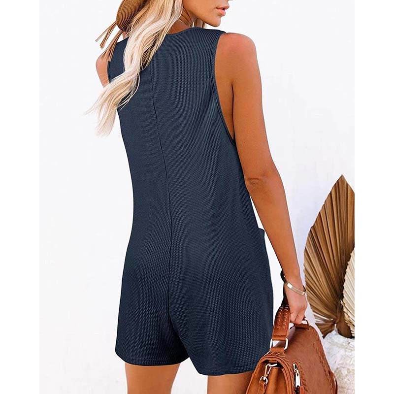 Women's Button Front Romper Jumpsuit With Pockets Casual Solid Color Sleeveless Summer Jumpsuit - EX-STOCK Canada