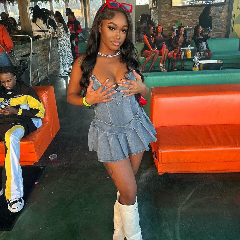 Hot Girl French Pleated V-neck Denim Tube top Dress - EX-STOCK Canada