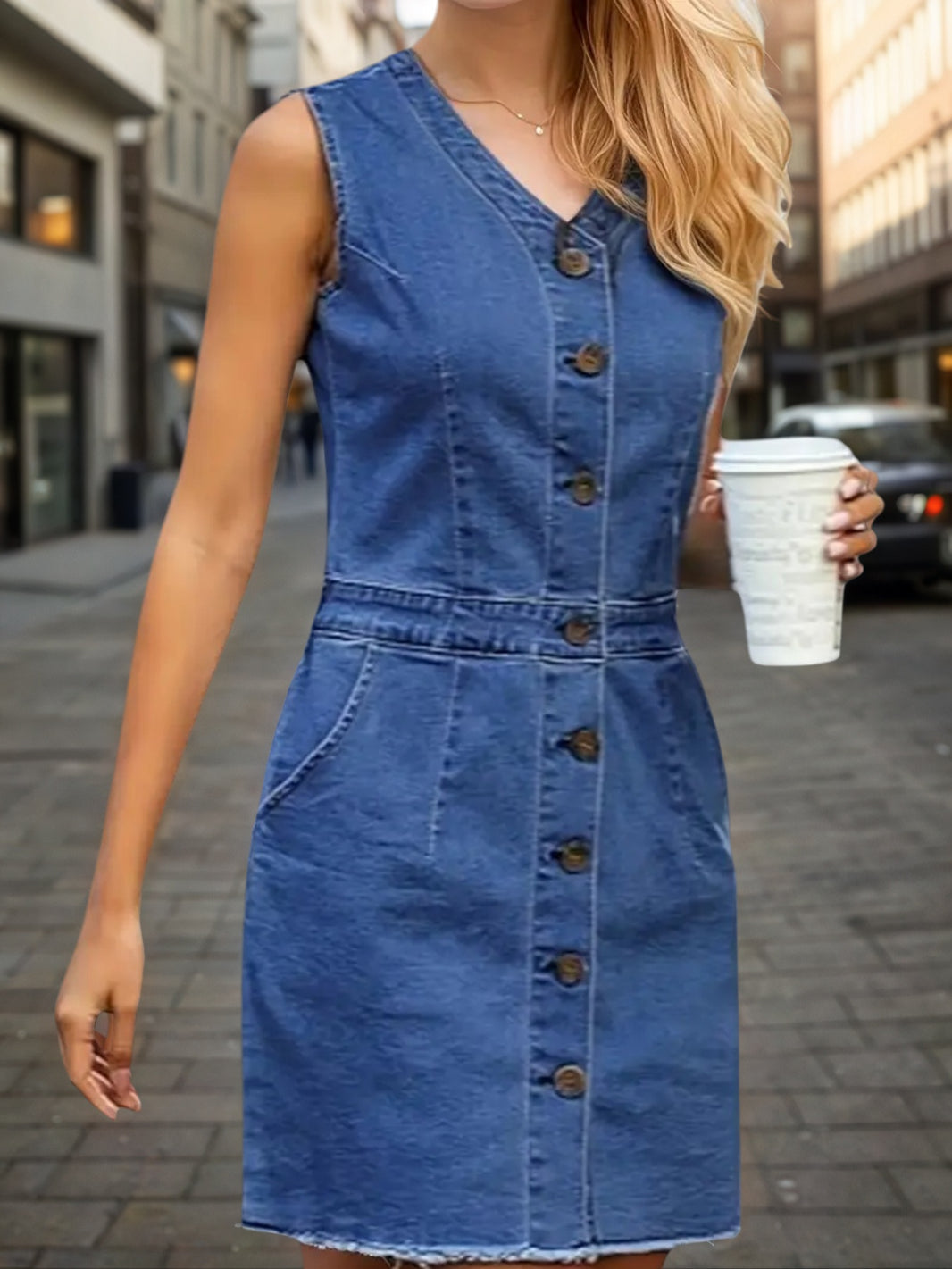 Women’s Fashion Trend Sleeveless Dress, V-neck Design - Button Detail Frayed Hem Denim Skirt