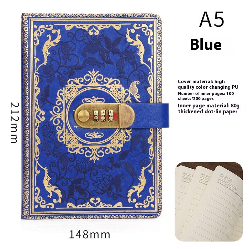 Blue notebook with gold accents and a combination lock, dimensions and material details provided.