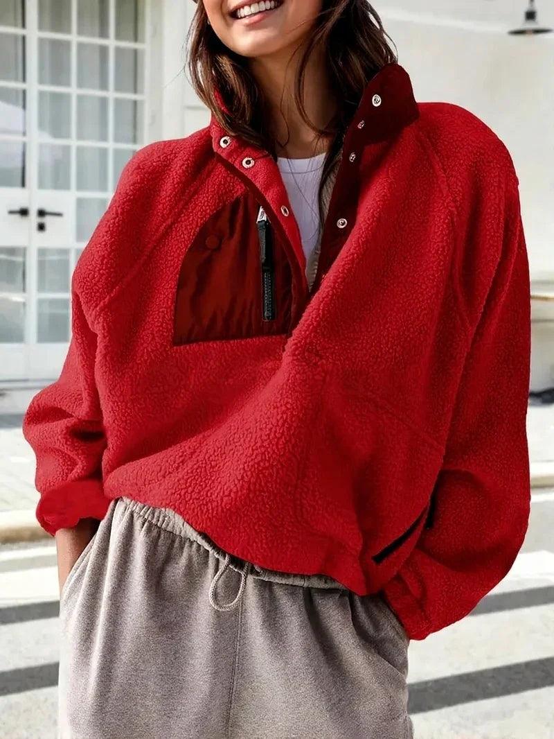 Women's Fashion Sweatshirt Fleece Stand Collar Zipper Pocket Top EX-STOCK Canada