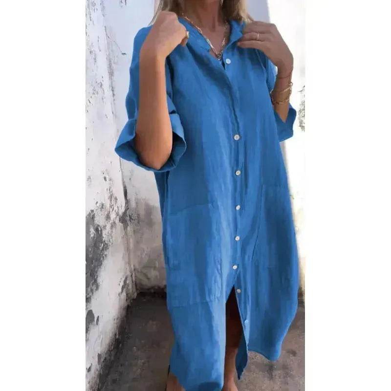 Women Loose Casual Half Sleeve Cotton Linen Buttoned down Shirt Dress - EX-STOCK Canada