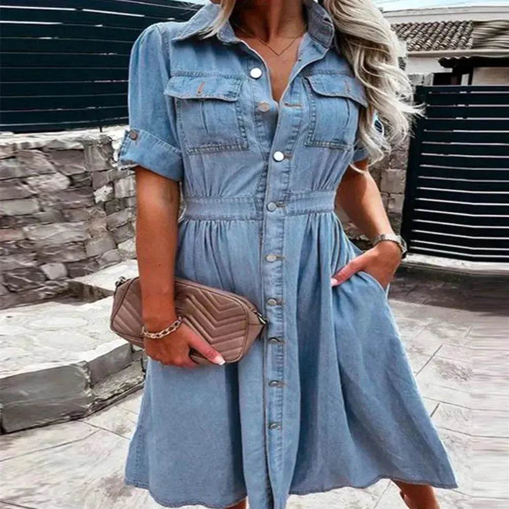Women's Lapel Breasted Slim-fit Slimming Temperament Blue Denim Midi Skater Dress - EX-STOCK Canada