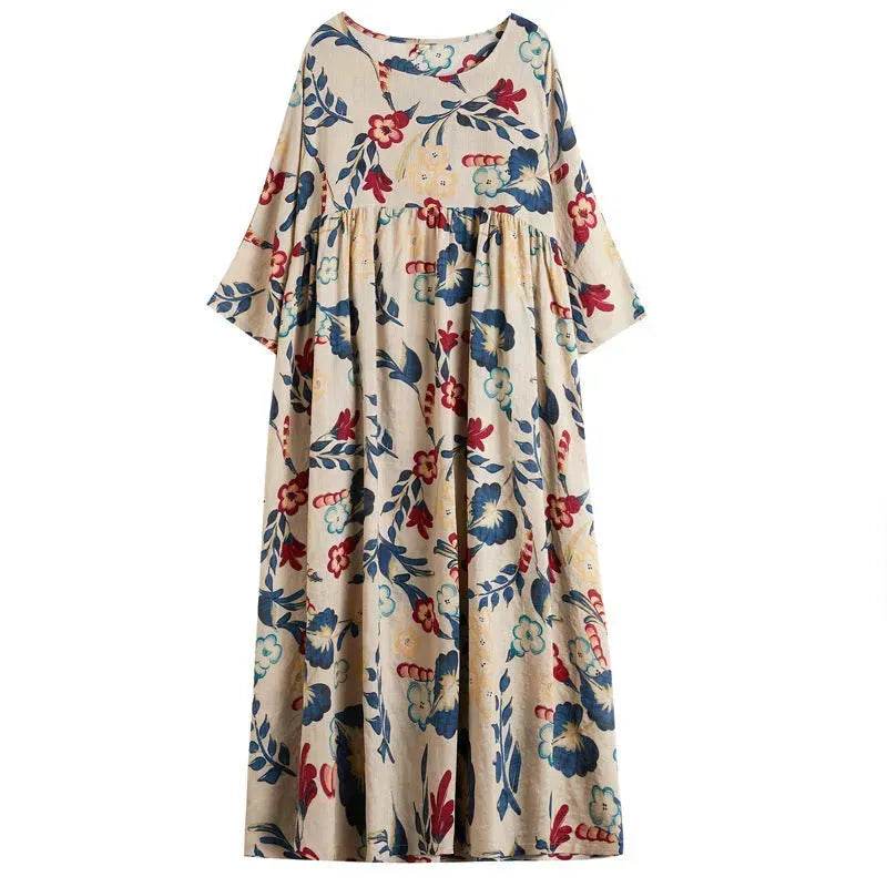 Plus Size Loose Panel Cotton Linen Print Short Sleeve Mum Maxi Dress - EX-STOCK Canada