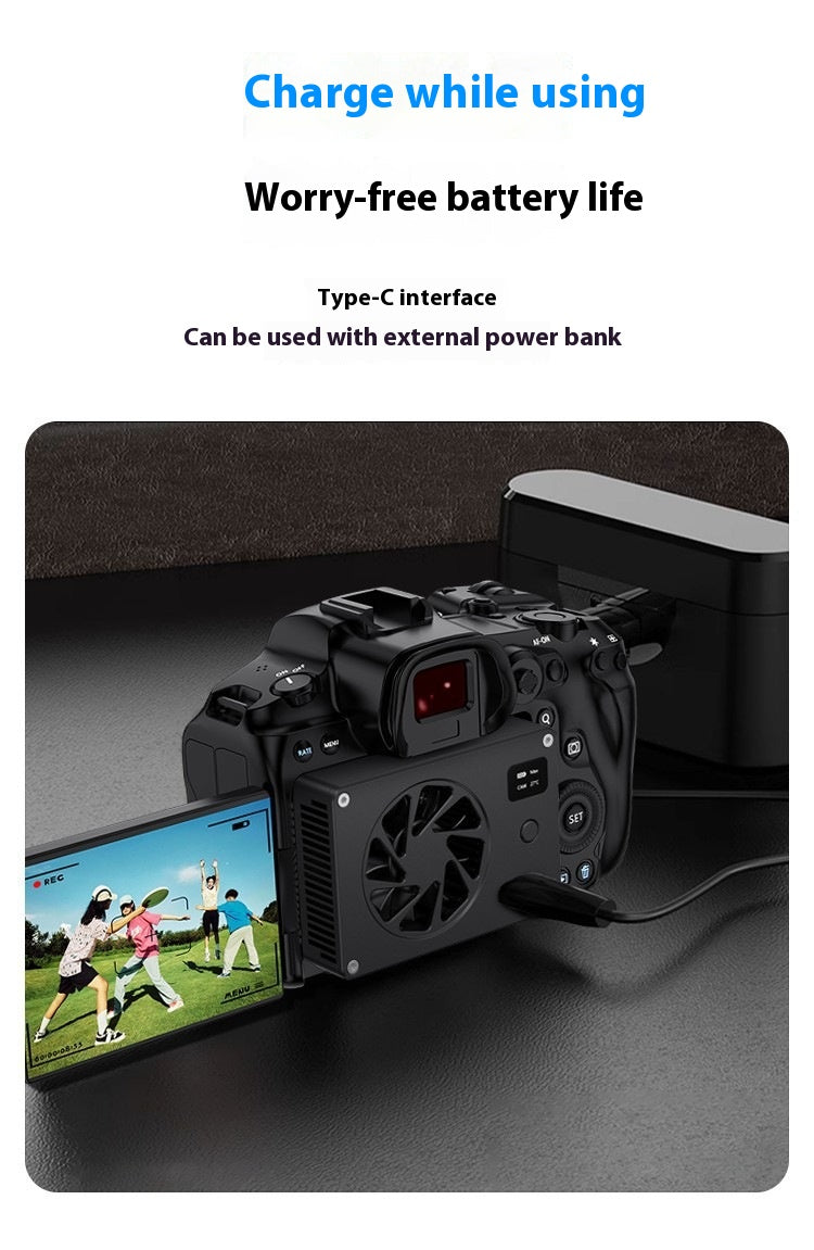 A black digital camera with its screen turned on, shown charging from a black power bank on a dark surface. Text at the top reads 'Charge while using', 'Worry-free battery life', 'Type-C interface', and 'Can be used with external power bank'.