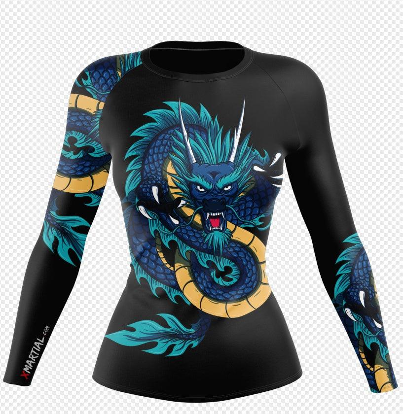 Camiseta de compresión para MMA de mujeres – Gráfico de dragón, manga larga, top de entrenamiento de BJJ y grappling