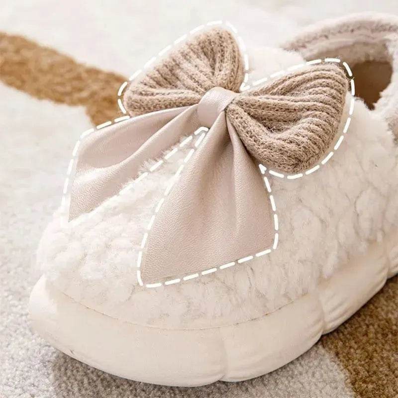 Big Bow-knot Fluffy Slippers Winter Warm Covered Heel Cotton Shoes Fashion Thick-soled Platform Slippers Indoor And Outdoor Garden Walking Shoes - EX-STOCK Canada