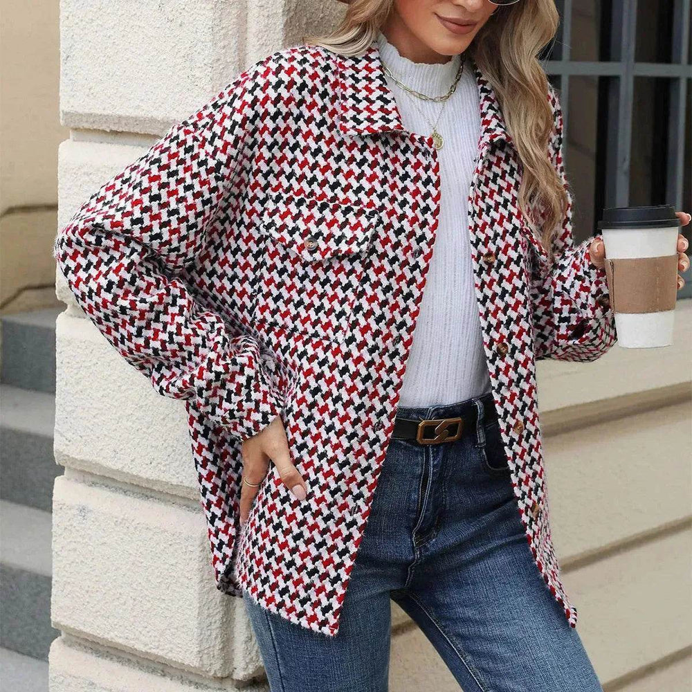 Casual Houndstooth Lapel Tweed Button long sleeve shirt tops for women - EX-STOCK Canada