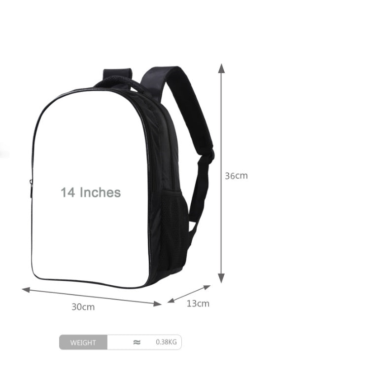 A black backpack shown on a white background with dimension arrows and labels indicating 30 cm width, 13 cm depth, 36 cm height, and 14 inches front space, plus a small weight label reading 0.38 KG.