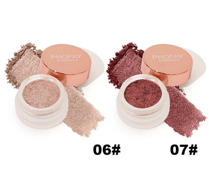 Two containers of Phofay eyeshadow with open lids showing different shades on a white background.