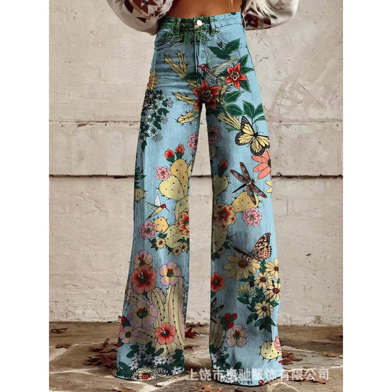 Thermal Transfer Bell-bottom Pants Simulation Denim Trousers Loose Pants