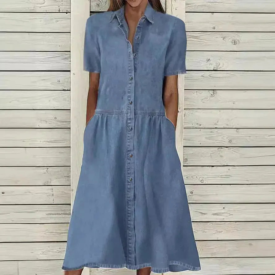 Women's European And American Lapel Casual loose button down Midi Denim jeans Mum Dress - EX-STOCK CANADA