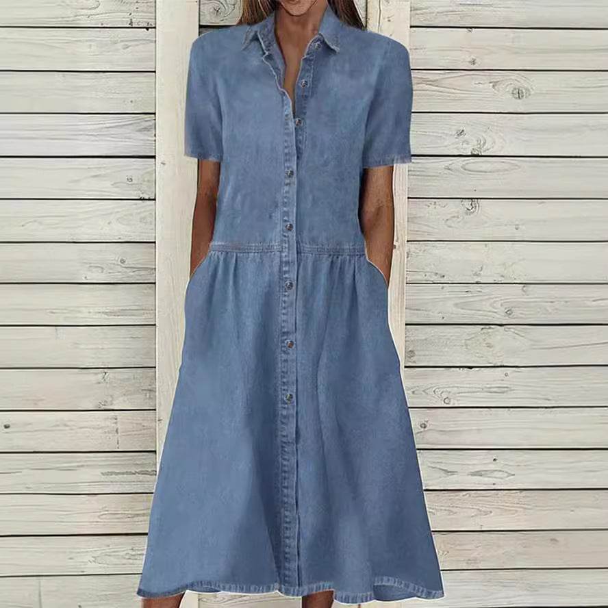 Women's European And American Lapel Casual loose button down Midi Denim jeans Mum Dress - EX-STOCK Canada