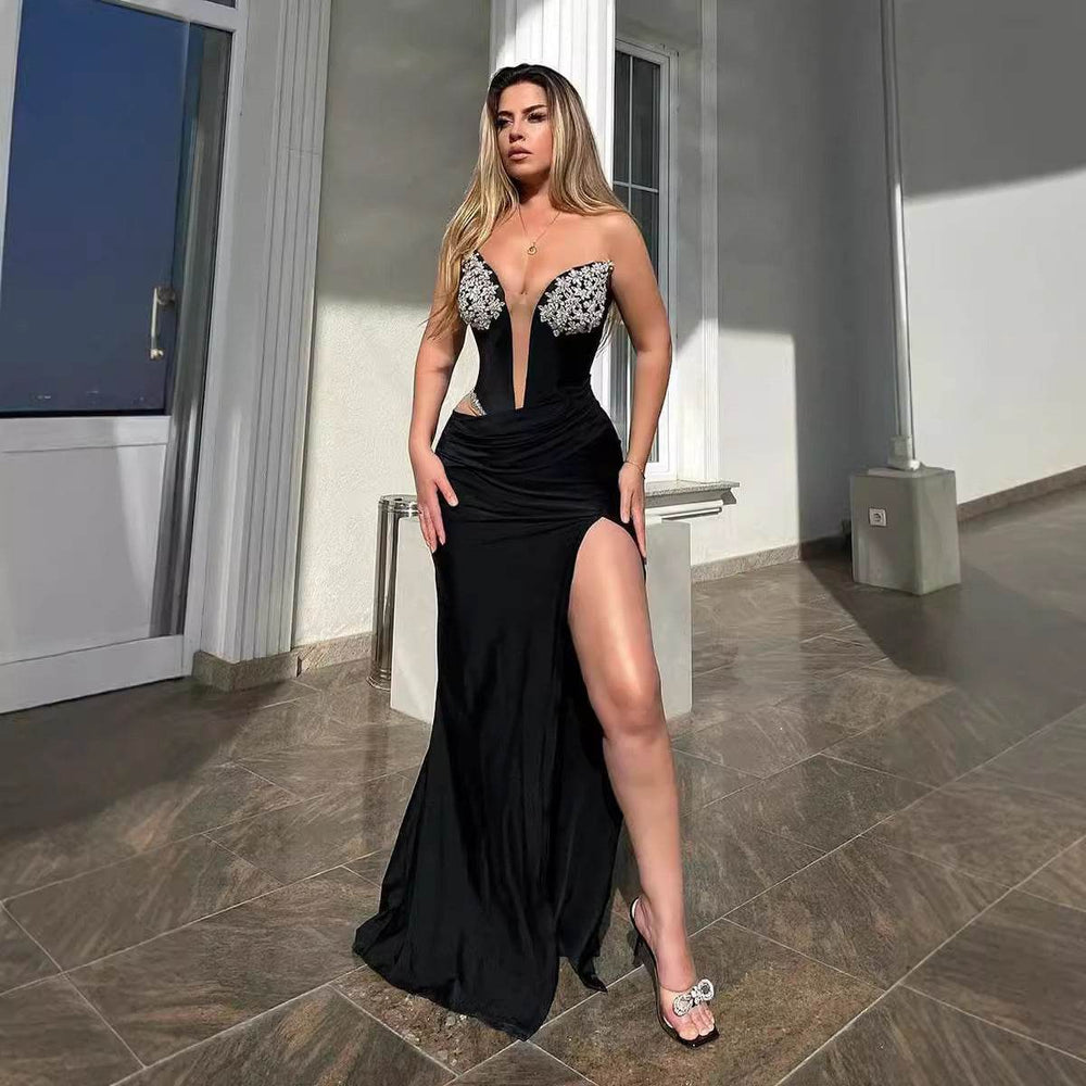 Women's Black Bandeau Slim-fit Drilling Slit Cocktail Evening Dinner Dress - EX-STOCK Canada