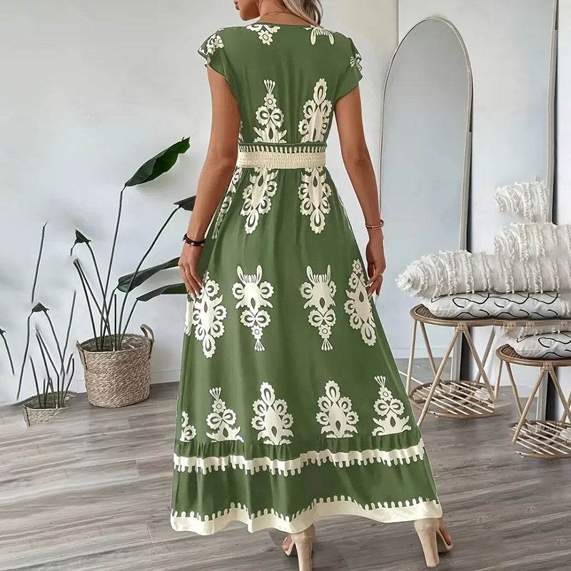 Women's Summer Flowy Maxi Dress Casual Cap Sleeve V Neck Smocked Waist Beach Sundress - EX-STOCK Canada