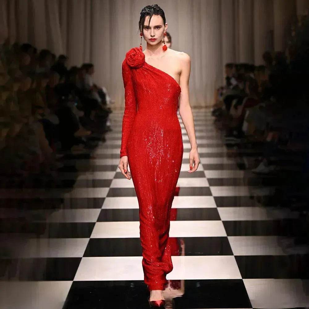 Elegant High-end Dress Rose Red Sequined Evening Dress Female New Year Battle Gown Host - EX-STOCK Canada