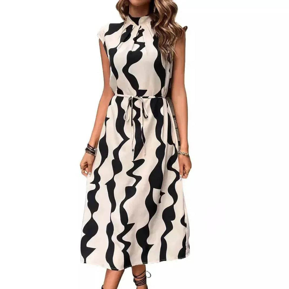 Elegant Summer Sleeveless Irregular Pattern Print Vest Women's Midi Dress - EX-STOCK Canada