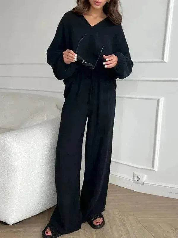 Elegant Women Casual Loose Outfit Female Long Sleeve Top Drawstring Trousers - EX-STOCK Canada