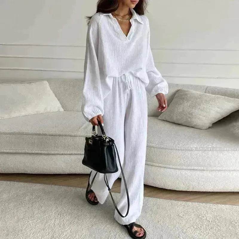 Elegant Women Casual Loose Outfit Female Long Sleeve Top Drawstring Trousers - EX-STOCK Canada