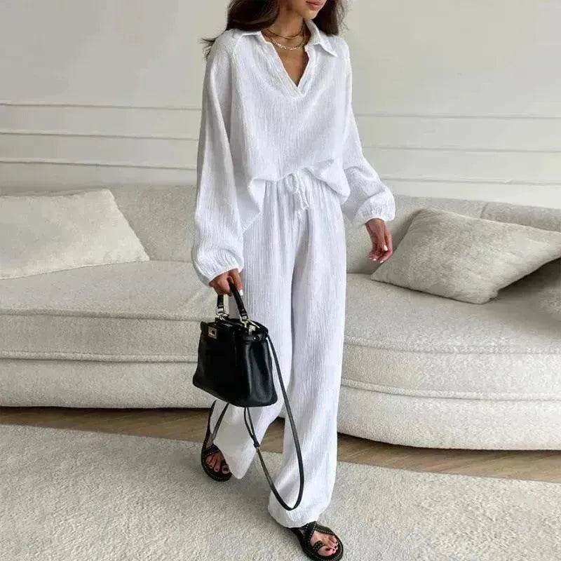 Elegant Women Casual Loose Outfit Female Long Sleeve Top Drawstring Trousers - EX-STOCK Canada