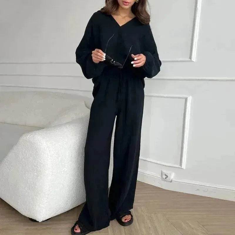 Elegant Women Casual Loose Outfit Female Long Sleeve Top Drawstring Trousers - EX-STOCK Canada
