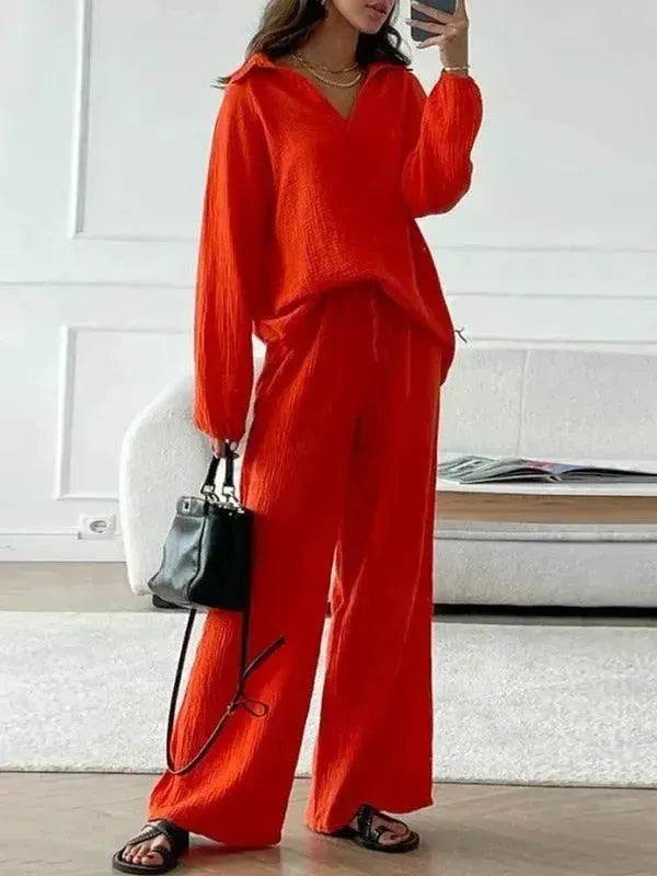 Elegant Women Casual Loose Outfit Female Long Sleeve Top Drawstring Trousers - EX-STOCK Canada