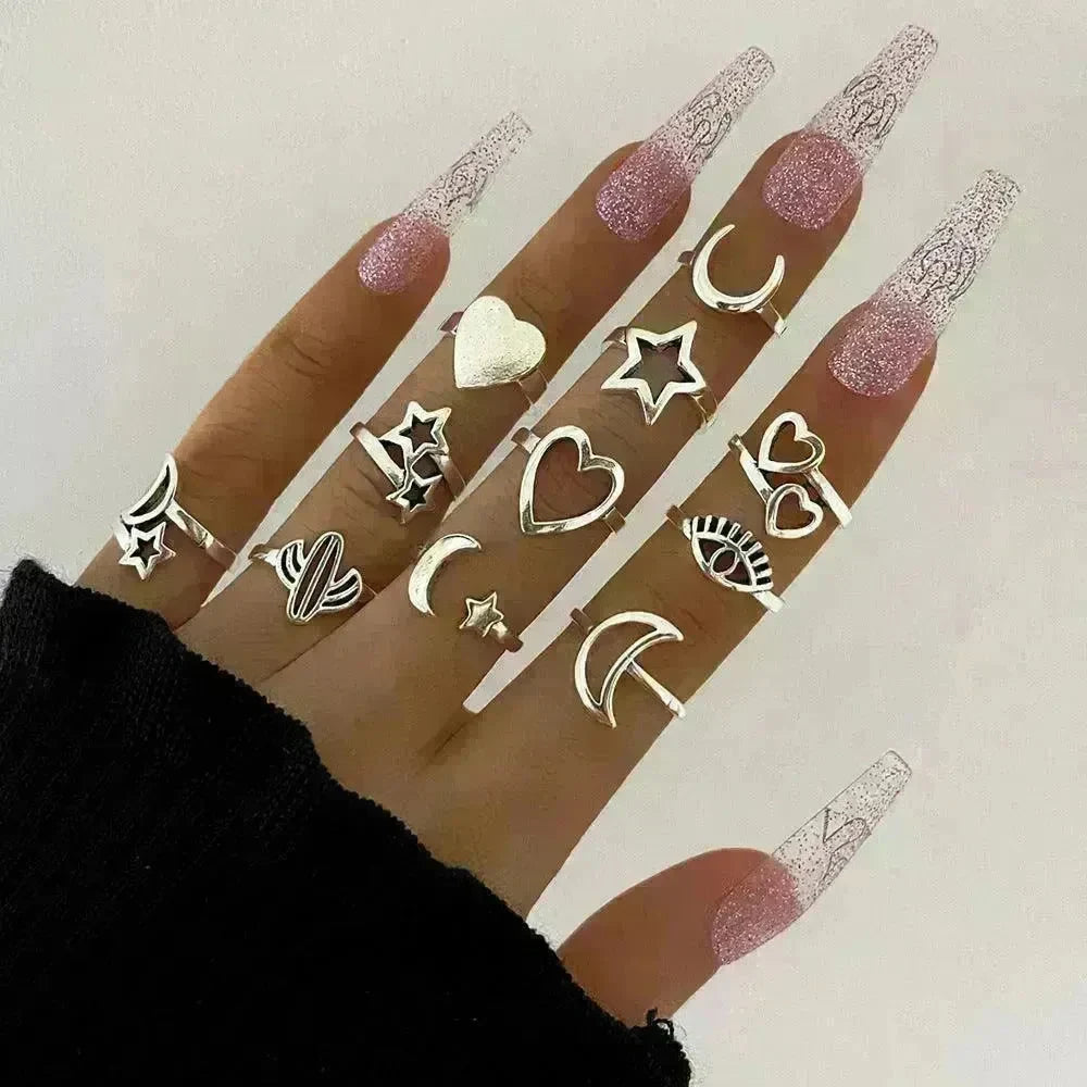 Eleven Sets Of Personalized Retro Hollow Love Stars Moon Cactus Eyes Ring - EX-STOCK CANADA