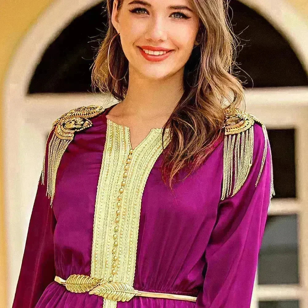 Embroidered Woven Satin Dress With Beads And Tassels Epaulettes for Turkey Dubai Middle East Women Abaya Dress - EX-STOCK CANADA