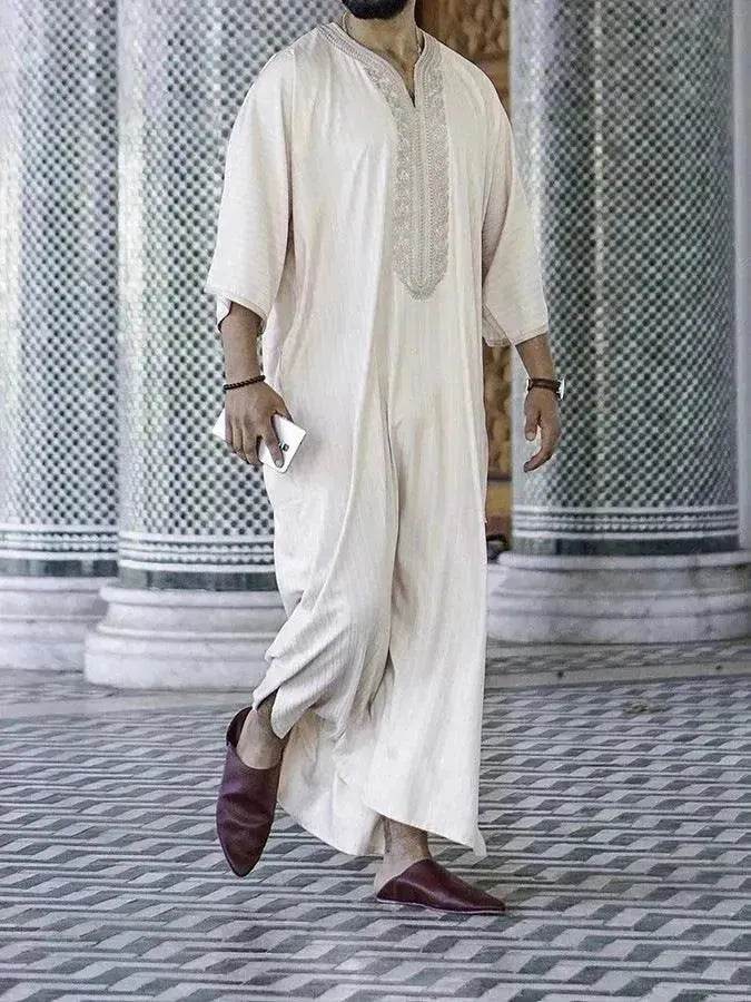 Fashionable and Elegant Ethnic Style Loose Casual Embroidery White Arab Robe Moroccan Men's Jalabiya - EX-STOCK Canada