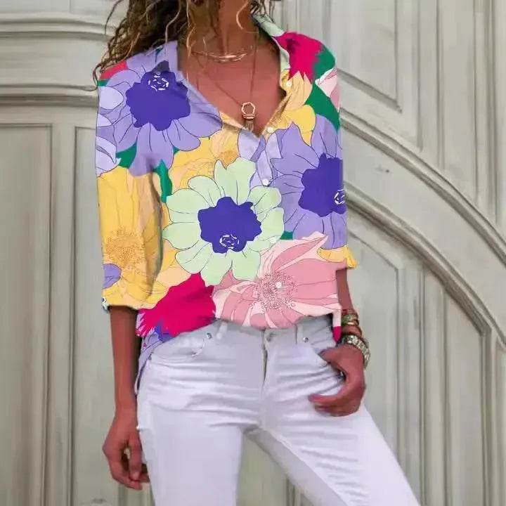 European And American Digital Printed Flowers Lapel Single Breasted Long-sleeved Shirt - EX-STOCK Canada