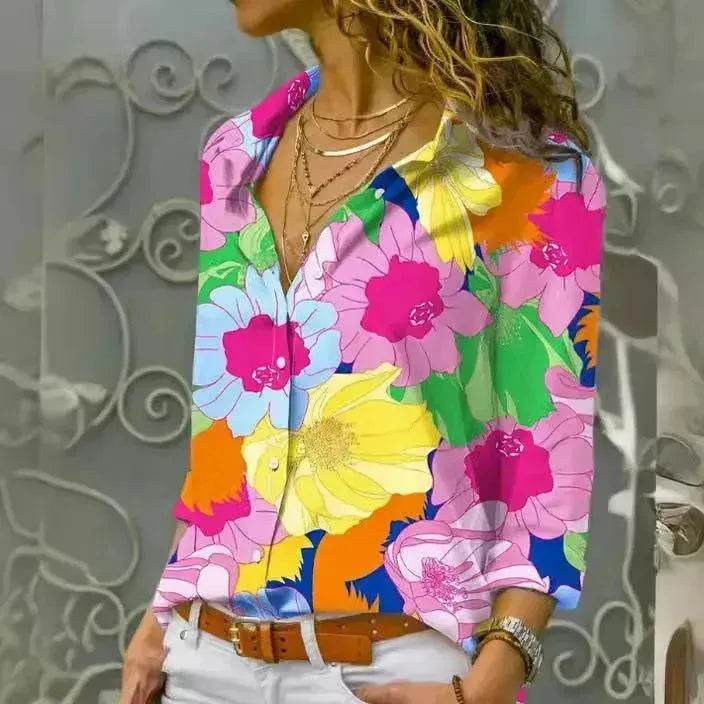 European And American Digital Printed Flowers Lapel Single Breasted Long-sleeved Shirt - EX-STOCK Canada