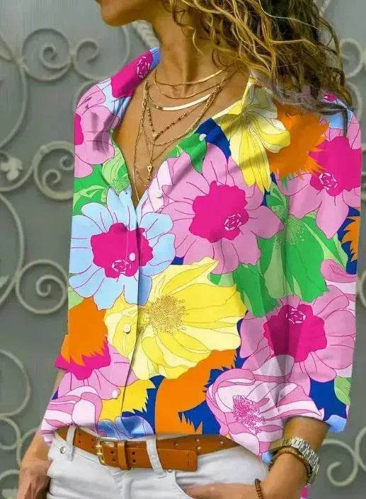 European And American Digital Printed Flowers Lapel Single Breasted Long-sleeved Shirt - EX-STOCK Canada