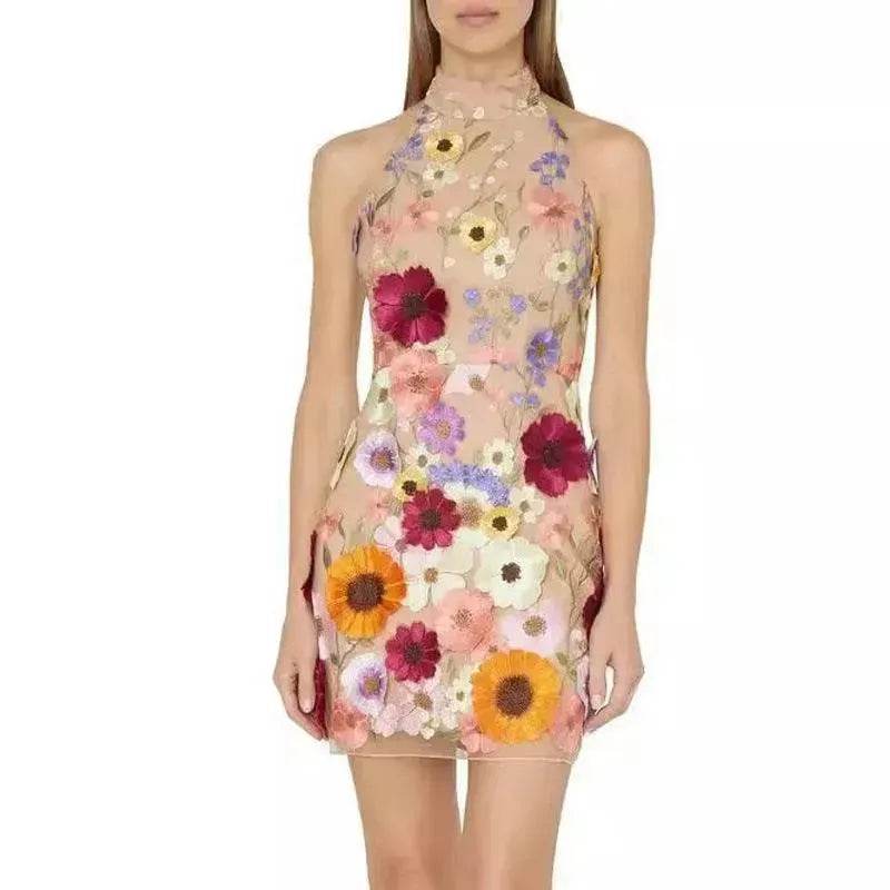 European And American Embroidery Three-dimensional Flower Halter Slim Fit Dress - EX-STOCK Canada